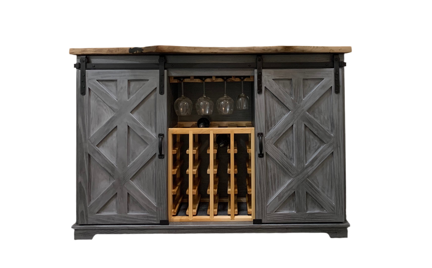 Handmade Solid Oak Wine Cabinet with Sliding Doors - 48"H x 60"W x 21"D Live Edge Top, Cerused Silver Black Finish