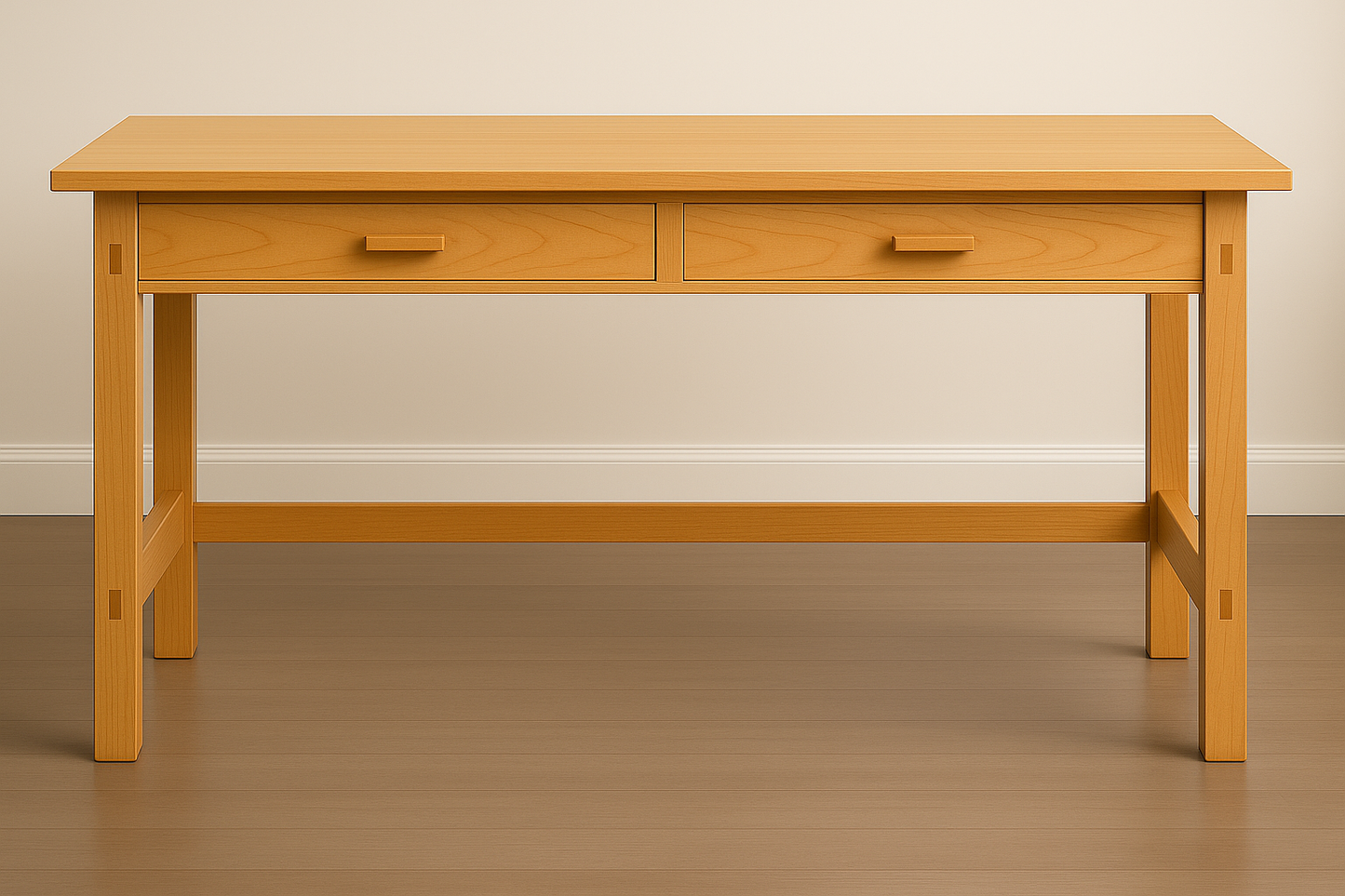60" x 21" maple desk with 2 drawers and exposed mortise tenon joints