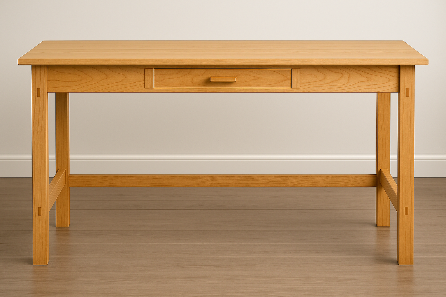 60" x 21" maple desk with straight legs and exposed mortise tenon joints
