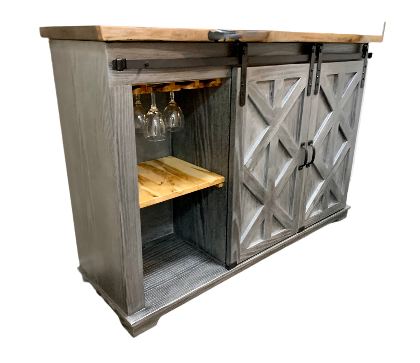 Handmade Solid Oak Wine Cabinet with Sliding Doors - 48"H x 60"W x 21"D Live Edge Top, Cerused Silver Black Finish