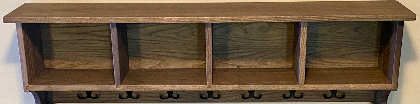 Rustic Oak Entryway Shelf with Hooks – Wall Mounted Mudroom Organizer