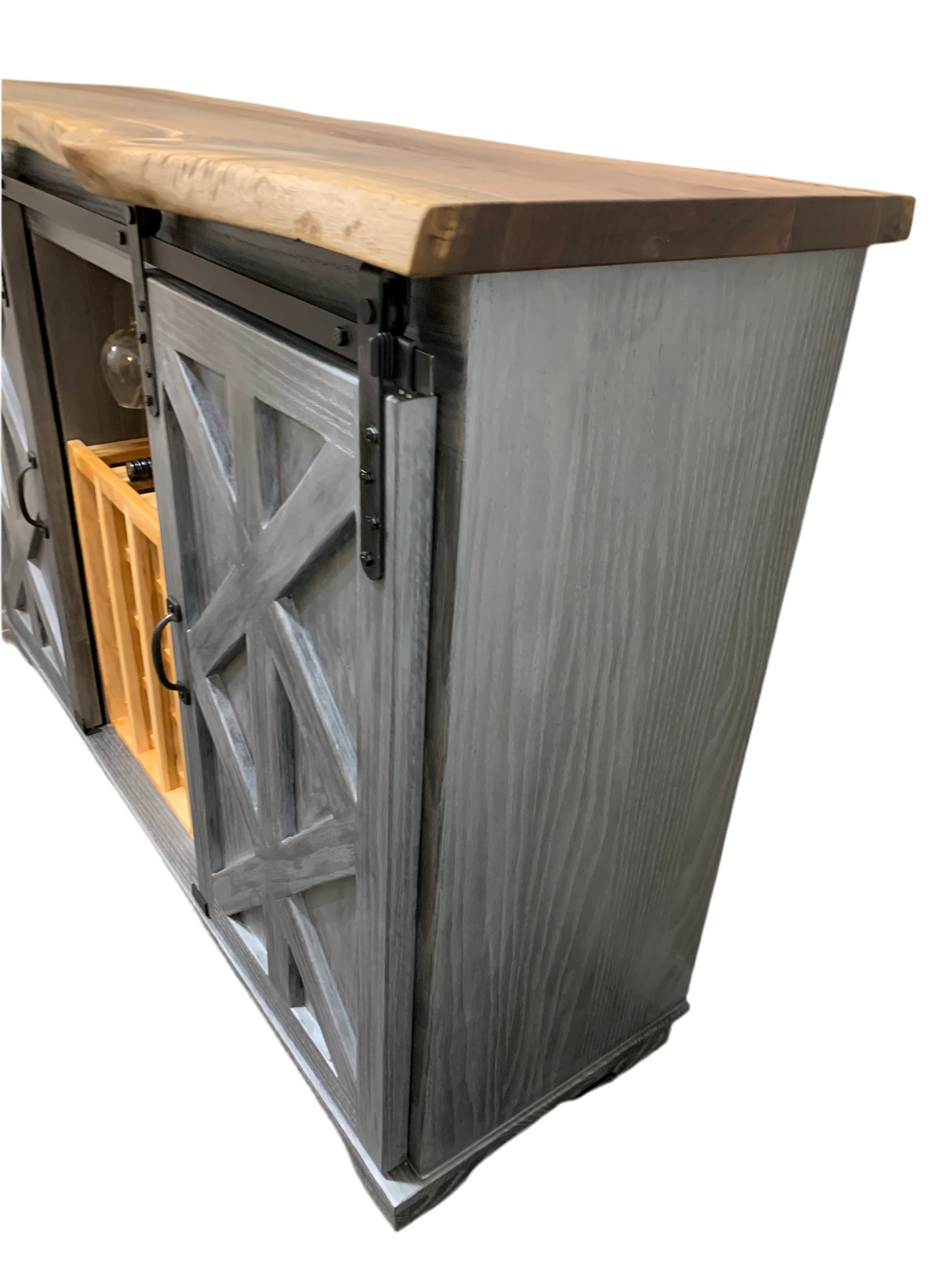 Handmade Solid Oak Wine Cabinet with Sliding Doors - 48"H x 60"W x 21"D Live Edge Top, Cerused Silver Black Finish