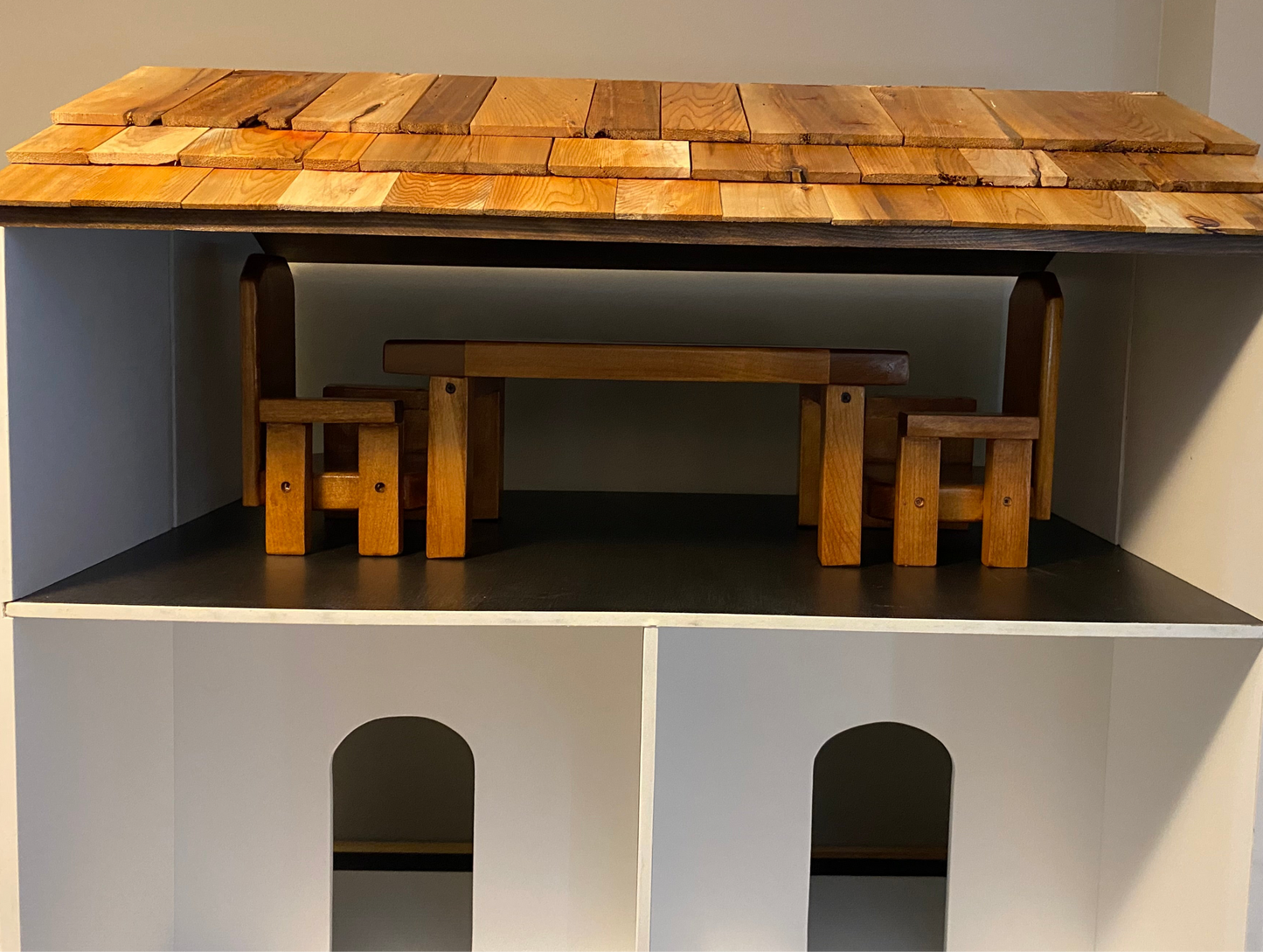Wooden table and chairs on a dollhouse perfect for 18" our generation dolls