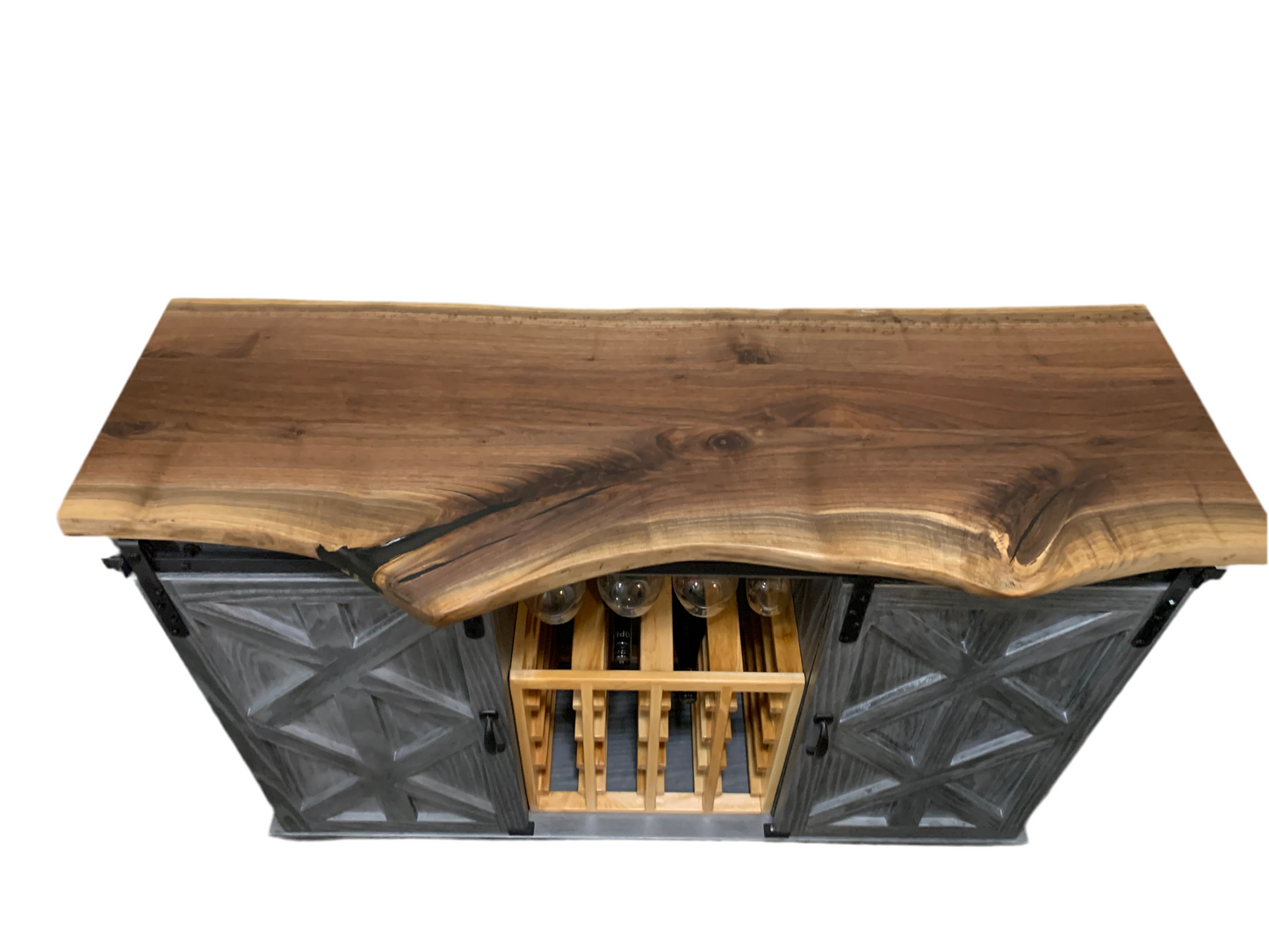 Handmade Solid Oak Wine Cabinet with Sliding Doors - 48"H x 60"W x 21"D Live Edge Top, Cerused Silver Black Finish