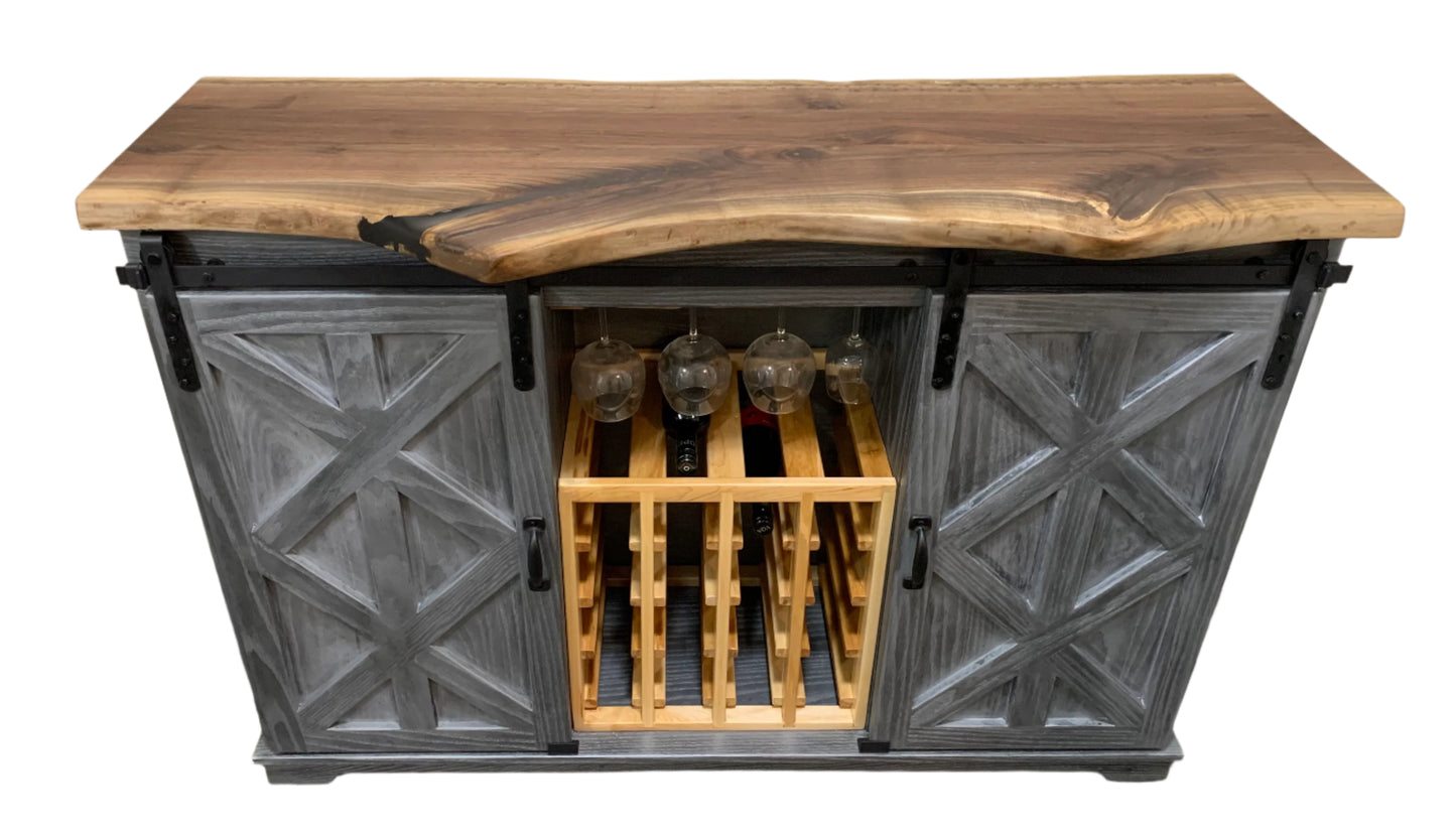 Handmade Solid Oak Wine Cabinet with Sliding Doors - 48"H x 60"W x 21"D Live Edge Top, Cerused Silver Black Finish