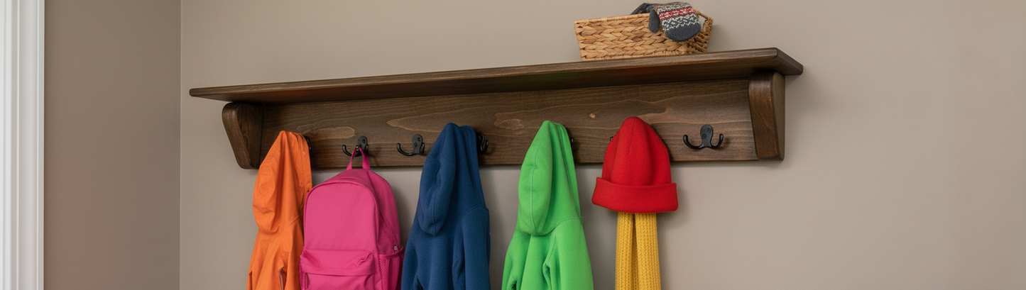 Close-up of curved wing maple shelf with vibrant children's items