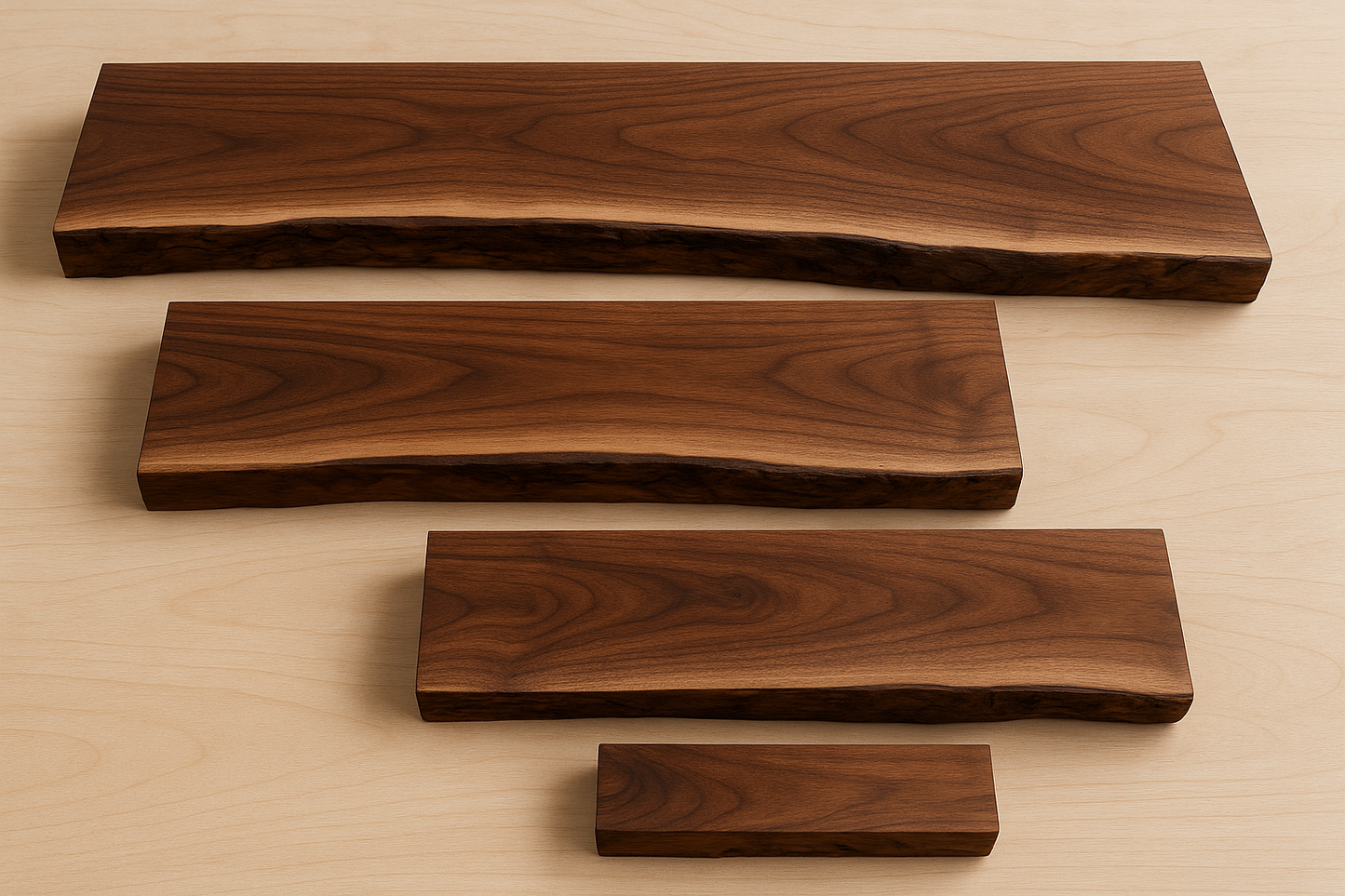 Collection of walnut live edge floating shelves in various sizes