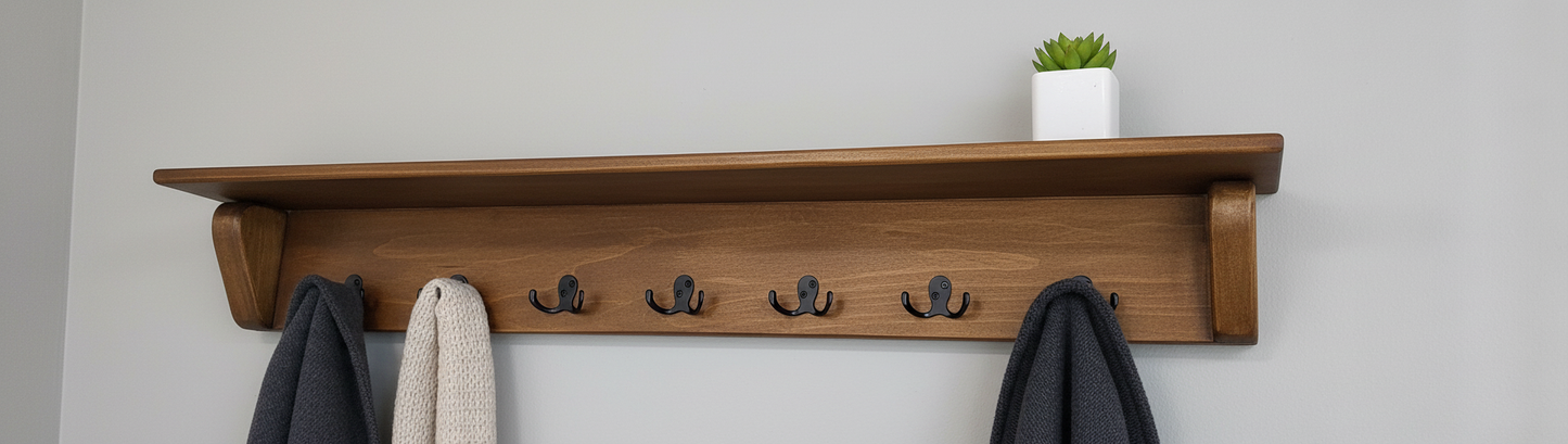 Dark stained maple coat rack with flush alignment