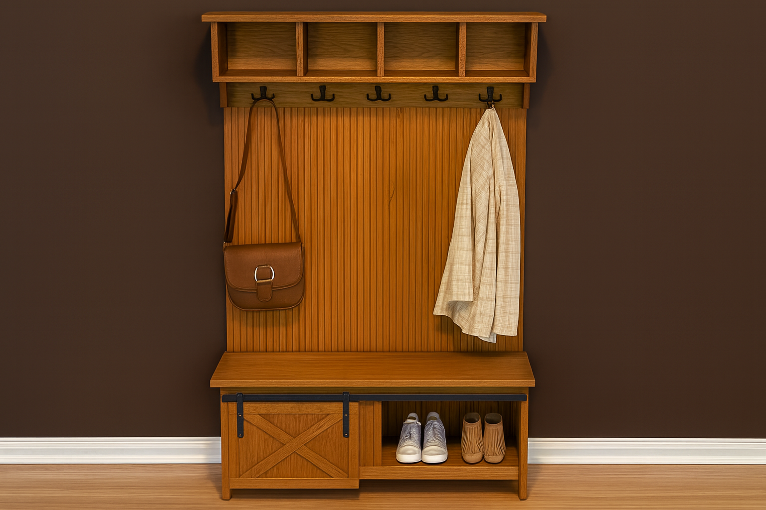 Entryway with properly proportioned barn door rail