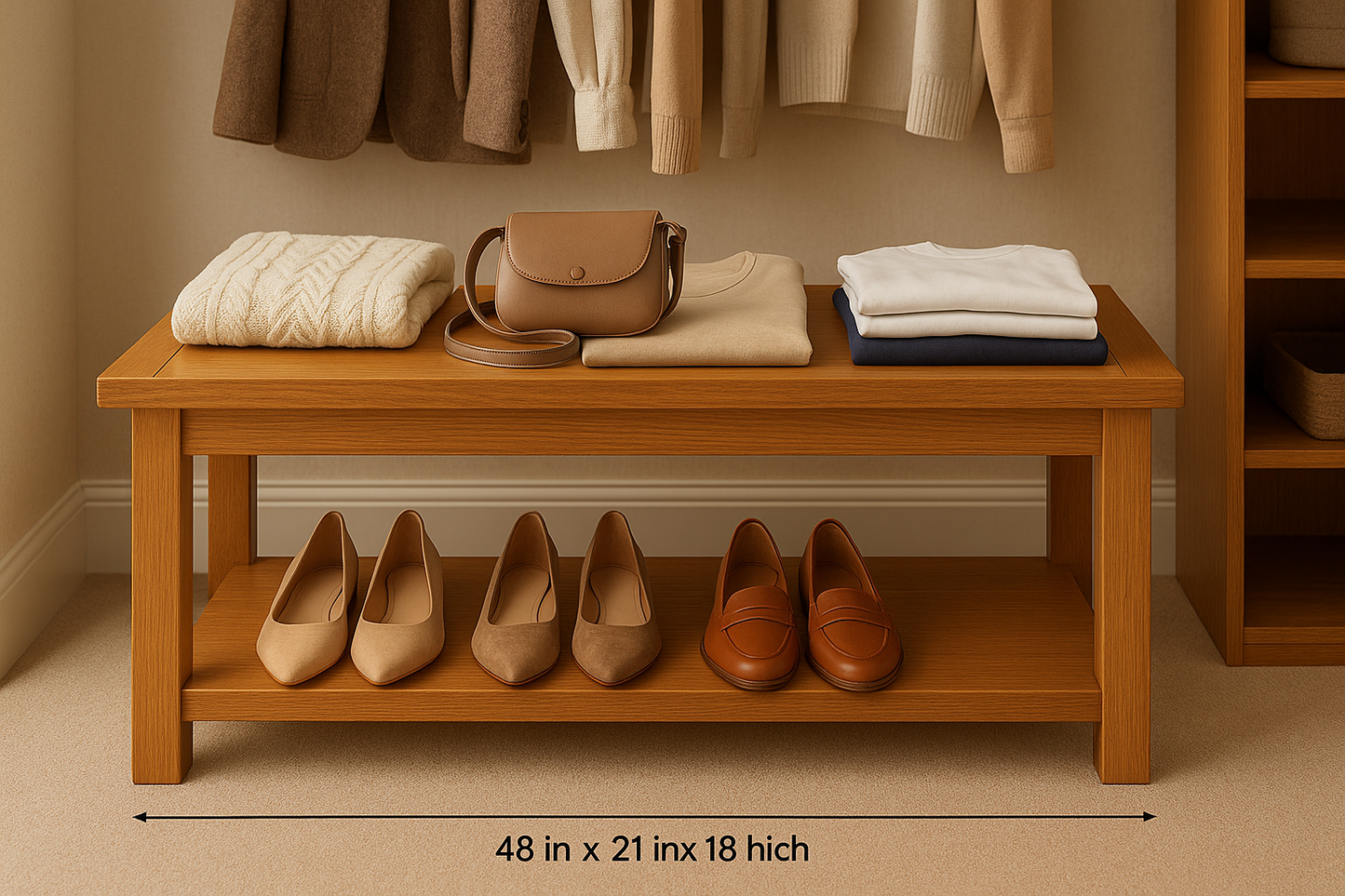 Large Maple Bench in Walk-in Closet