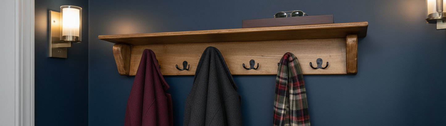 Maple wall shelf with dark stain on navy blue wall