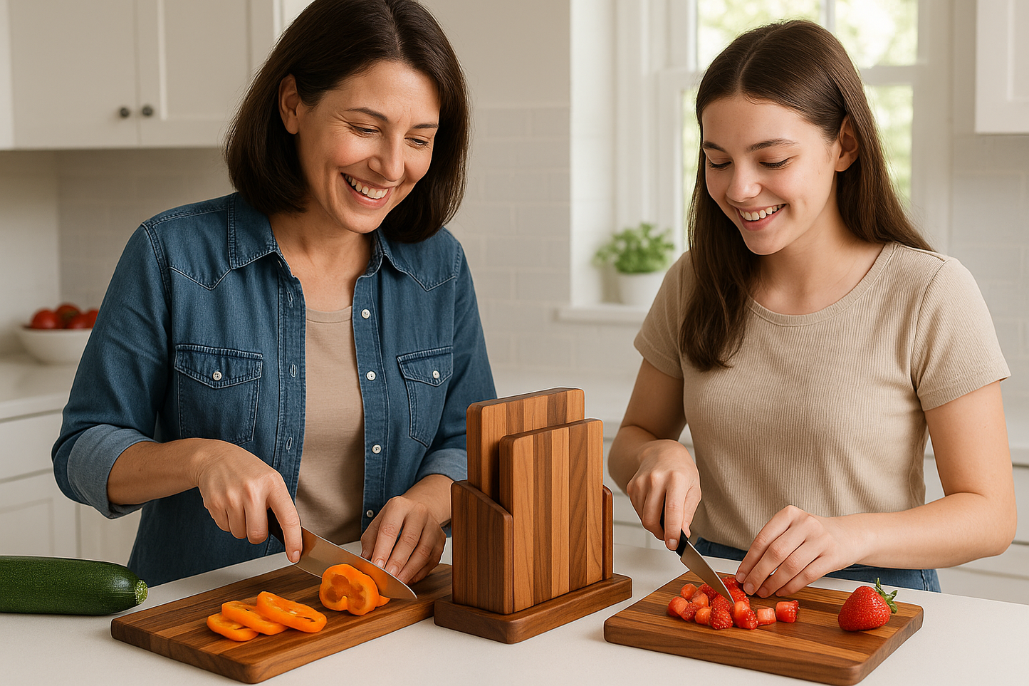 Mother and daughter cooking together with different sized boards