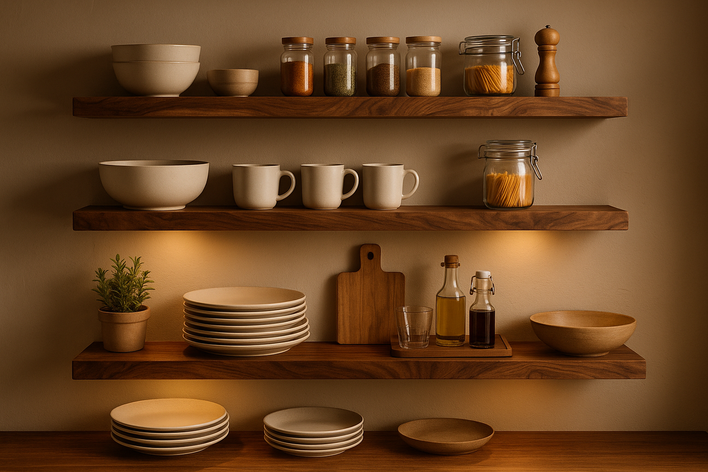 Multiple walnut live edge floating shelves in kitchen
