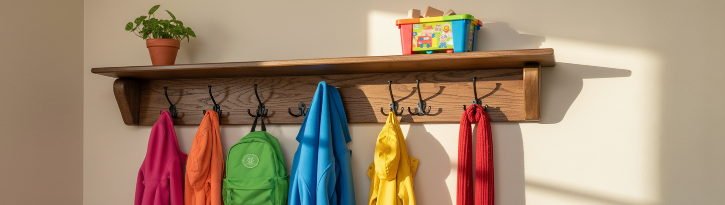 Solid maple shelf with wing ends holding children's jackets