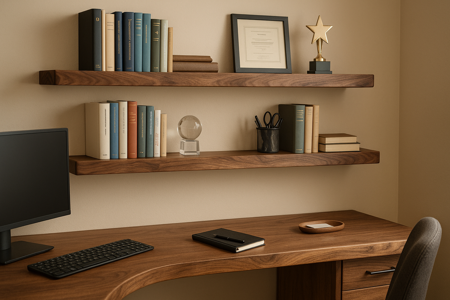 Walnut live edge floating shelves in home office