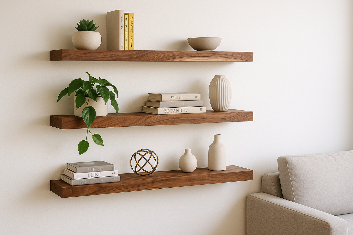 Walnut live edge floating shelves mounted in living room