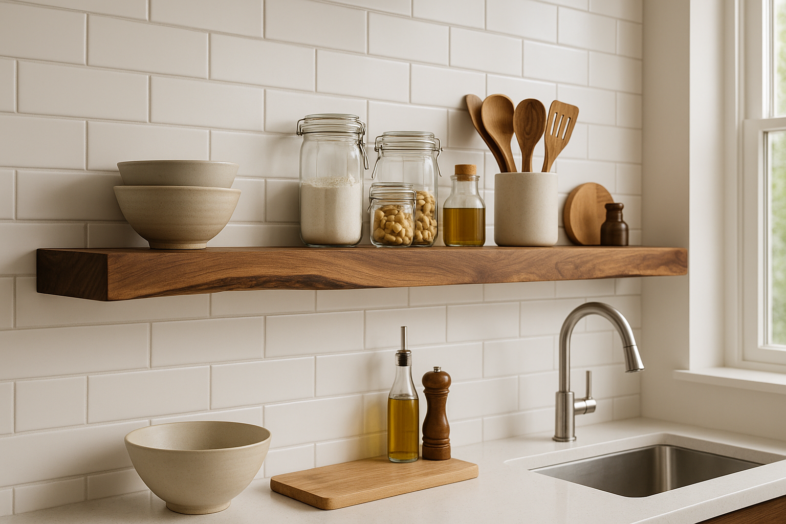 Walnut shelf in kitchen setting