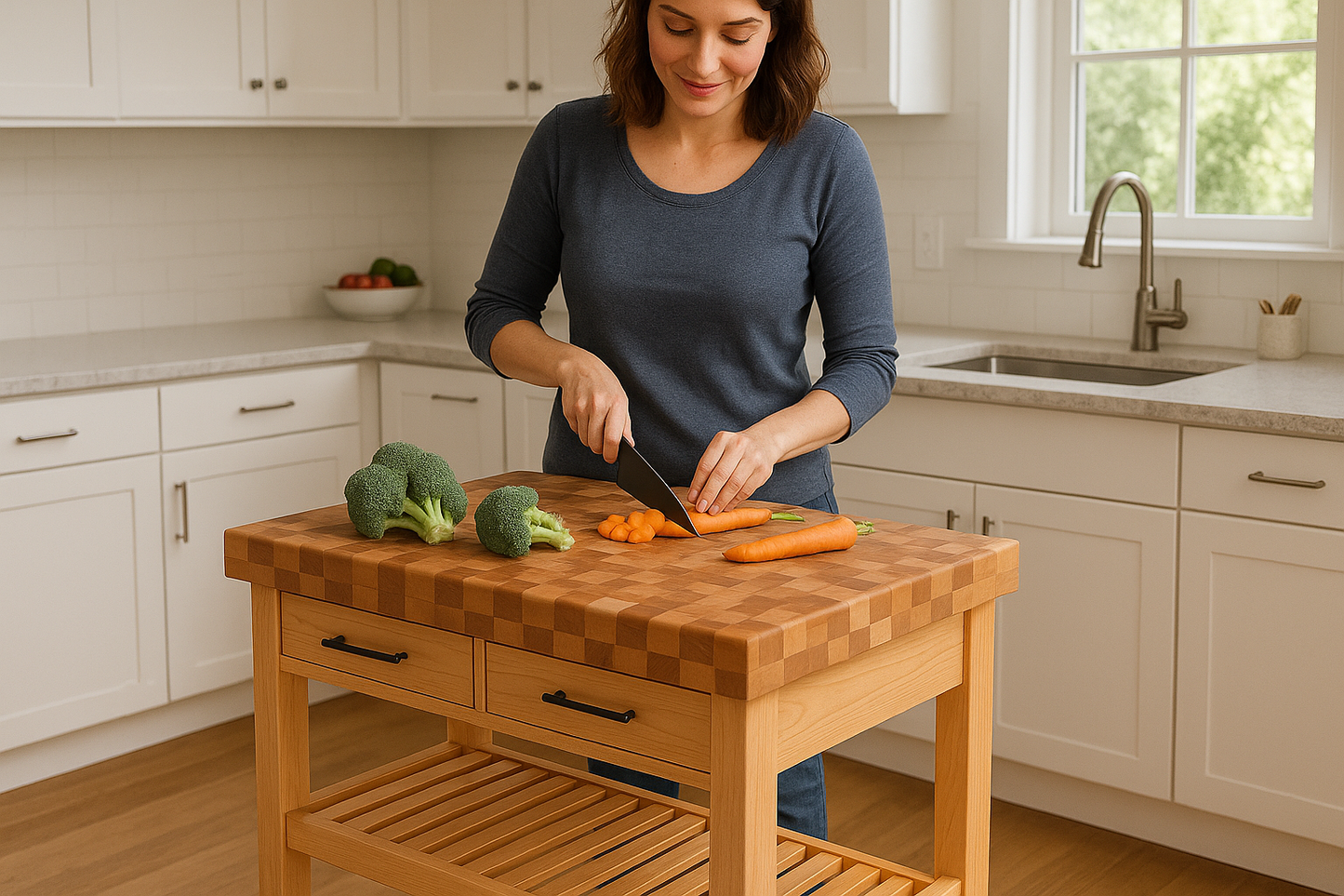 Woman Cutting Vegetables on End Grain Island