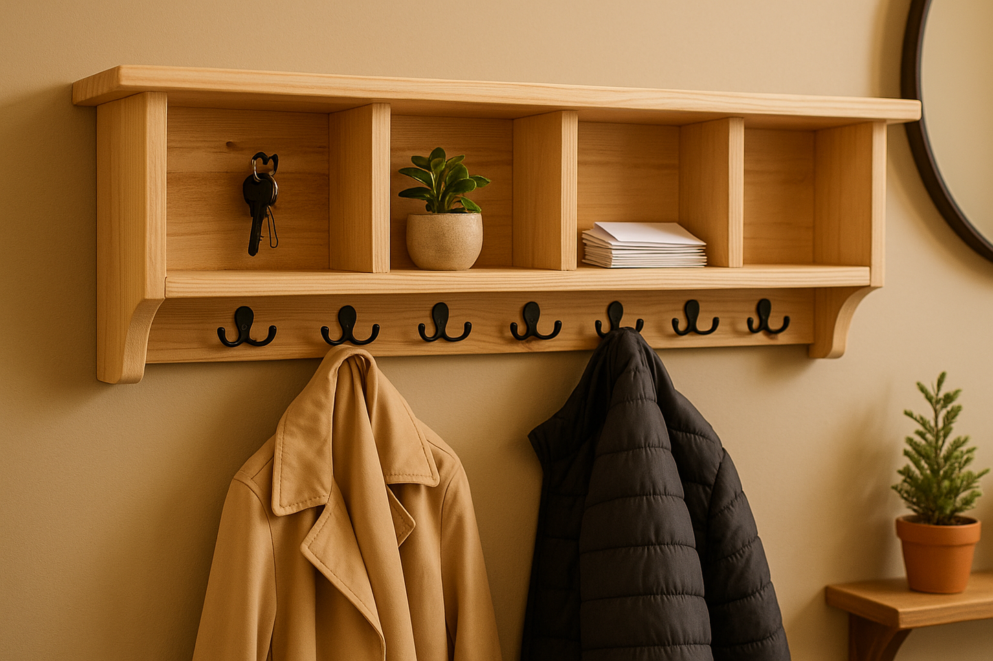 Wooden entryway shelf mounted on wall