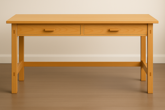 60" x 21" maple desk with 2 drawers and exposed mortise tenon joints