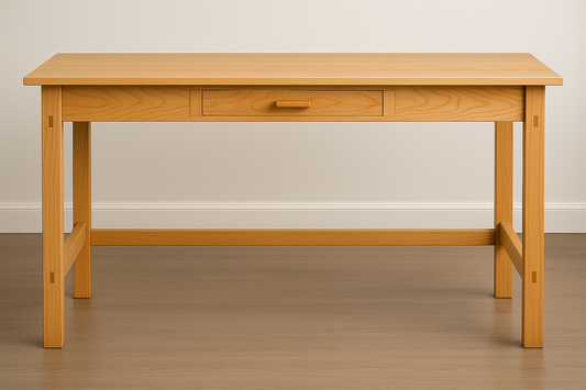 60" x 21" maple desk with straight legs and exposed mortise tenon joints