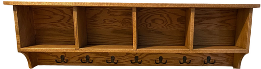 Rustic Oak Entryway Shelf with Hooks – Wall Mounted Mudroom Organizer