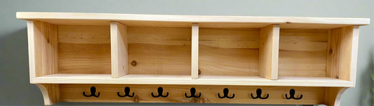 Rustic Pine Entryway Shelf with Hooks – Wall Mounted Mudroom Organizer