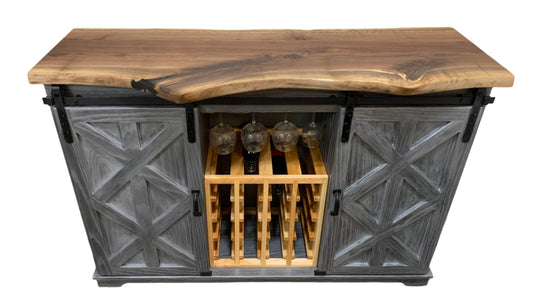 Handmade Solid Oak Wine Cabinet with Sliding Doors - 48"H x 60"W x 21"D Live Edge Top, Cerused Silver Black Finish