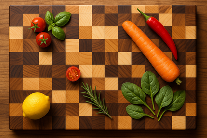 Artistic overhead of mixed wood board with ingredients