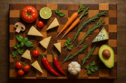 Beautiful mixed wood cutting board with ingredients