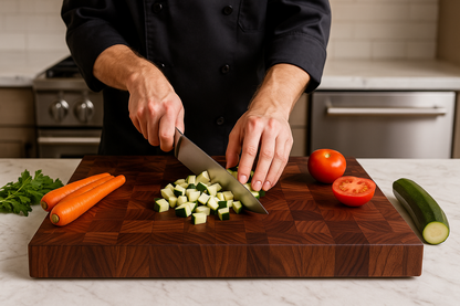 Chef using walnut cutting board for vegetable prep