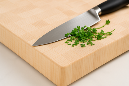 Close-up of maple cutting board with herbs