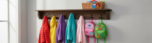 Dark stained maple coat rack with curved wings and kids coats