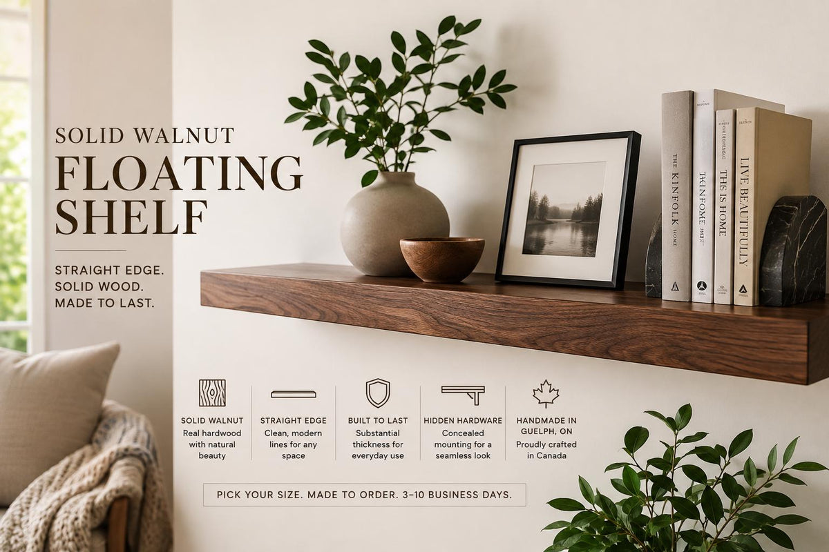 Walnut Floating Shelf | Straight Edge | Solid Wood Wall Shelf | Custom Size | Handmade in Canada