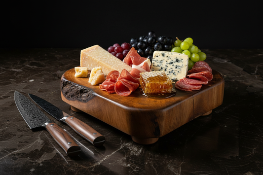 Live edge walnut serving platform as charcuterie riser with cheese, meats and honeycomb on dark slate