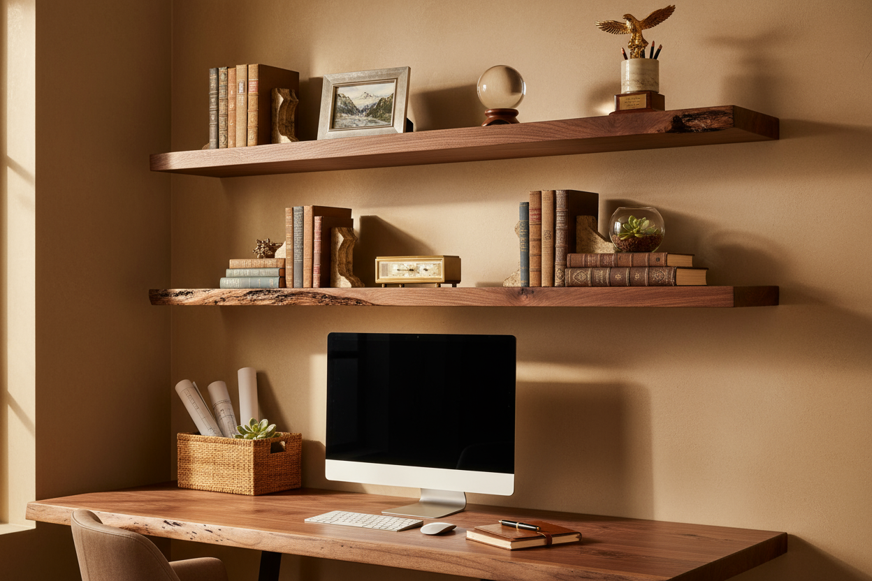 Live Edge Walnut Floating Shelves in Home Office