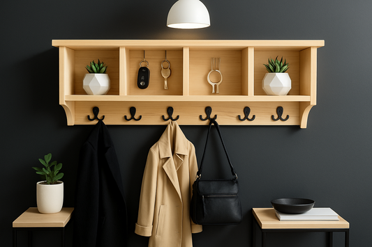 Modern minimalist entryway with wooden shelf
