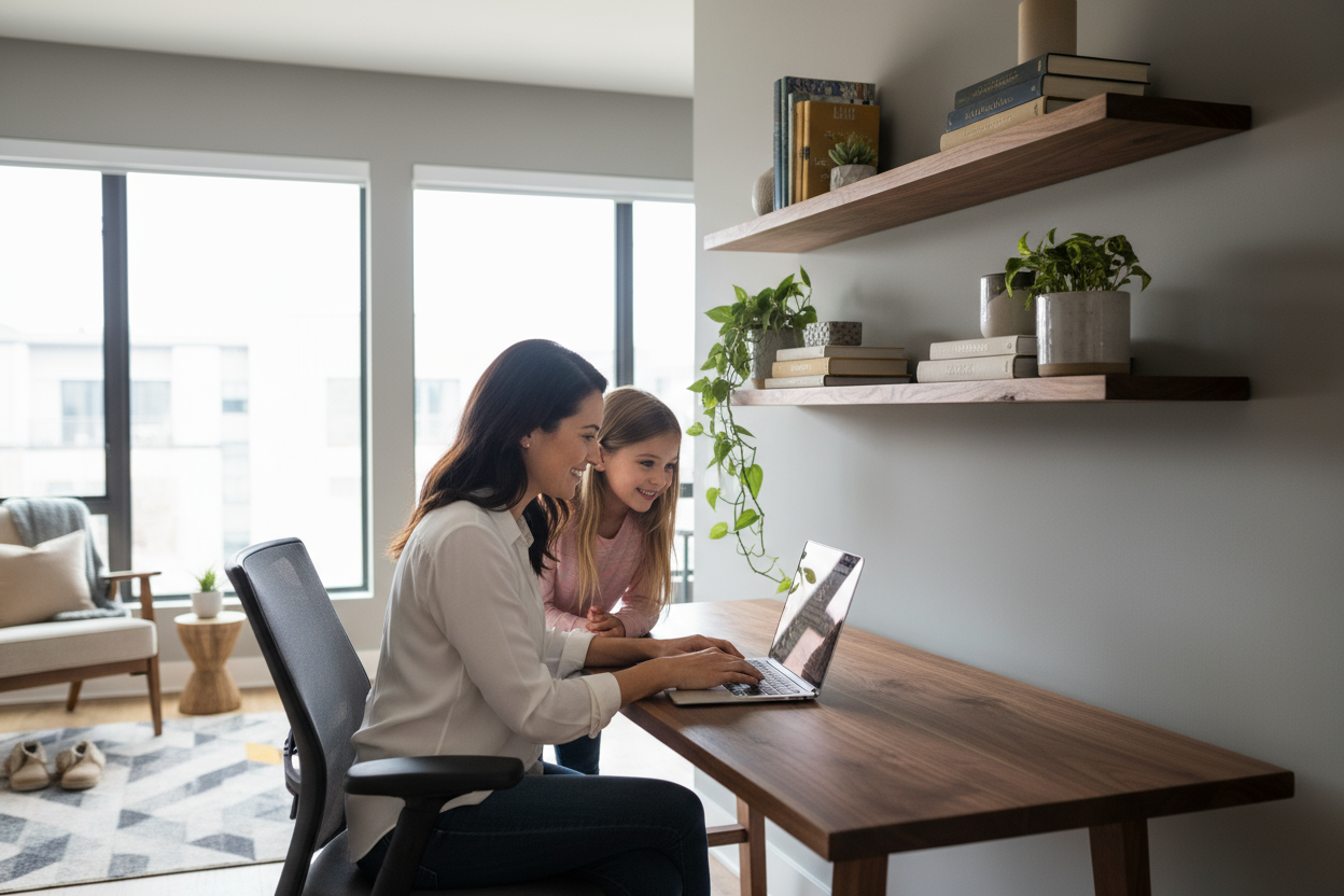 Mother and daughter at desk with live edge shelves
