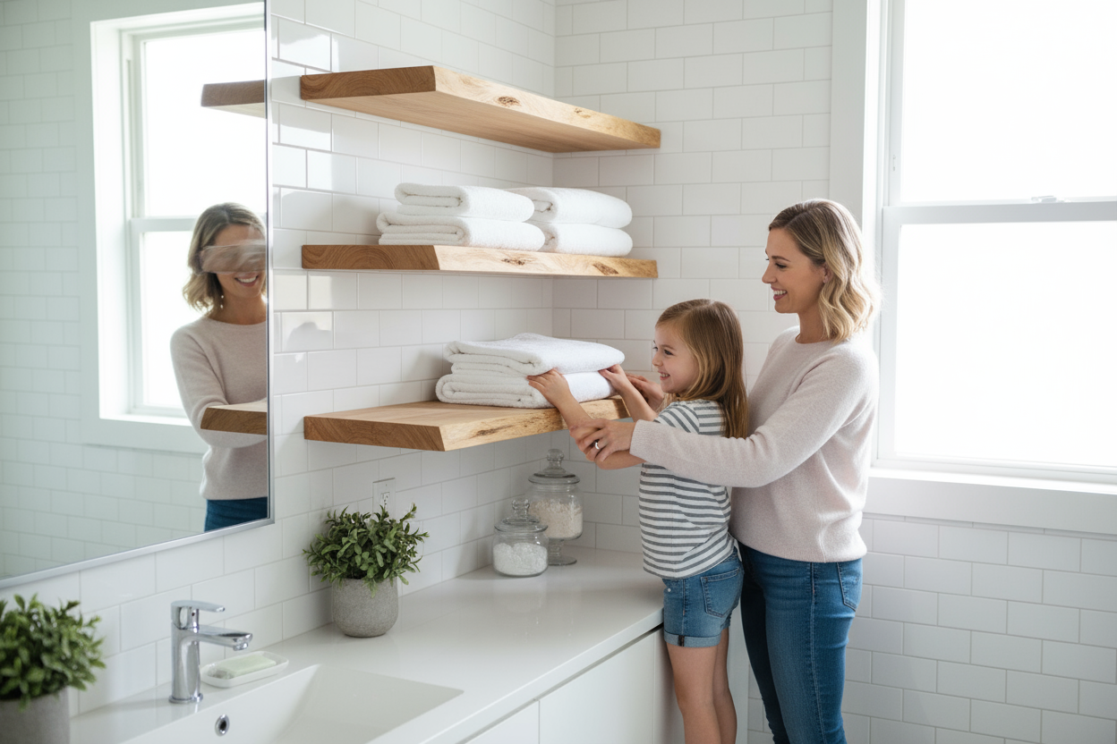 Mother and daughter in casual clothes with maple live edge bathroom shelves