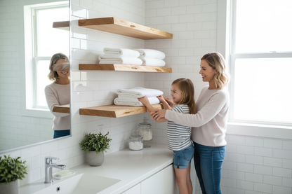Mother and daughter in casual clothes with maple live edge bathroom shelves