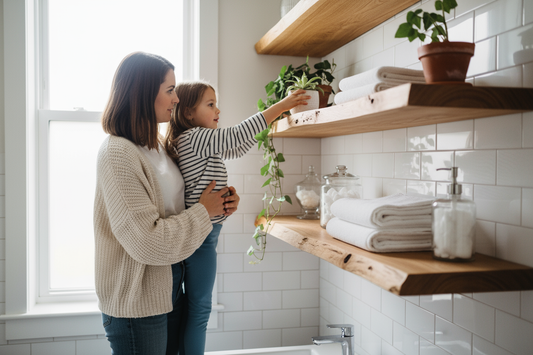 Mother and daughter in casual clothes with oak live edge bathroom shelves