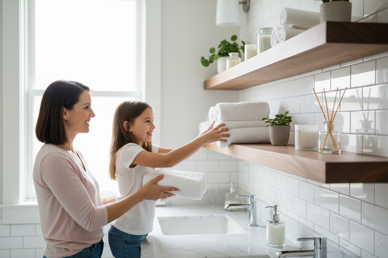 Mother and daughter organizing towels on walnut bathroom shelves