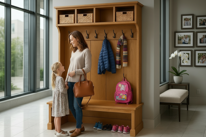 Mother and daughter with organized entryway