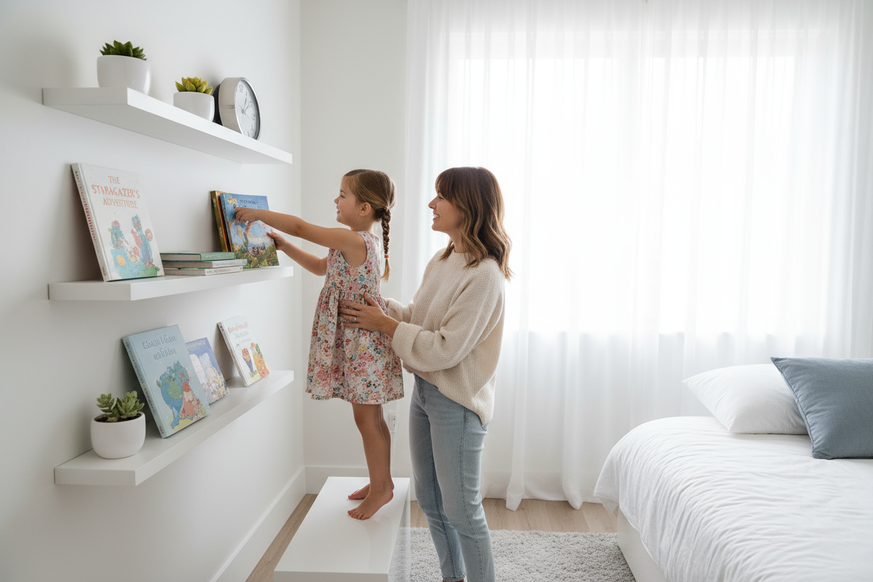 Mother helping daughter reach book on shelves