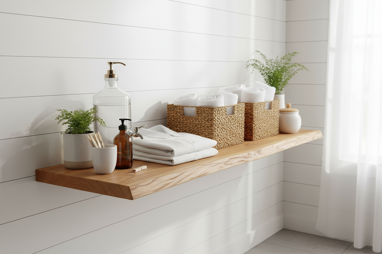 Oak live edge shelf in laundry room