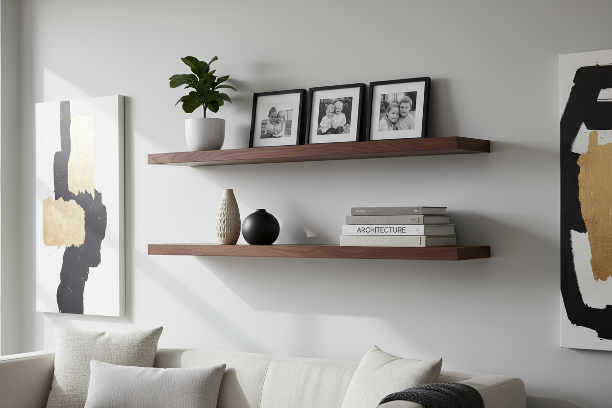 Straight Edge Walnut Floating Shelves in Living Room