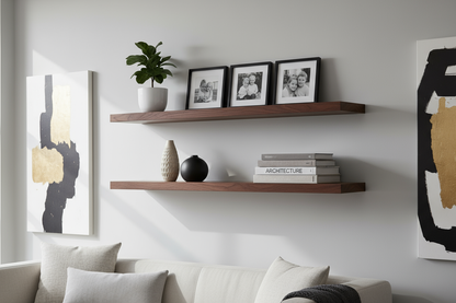 Straight Edge Walnut Floating Shelves in Living Room