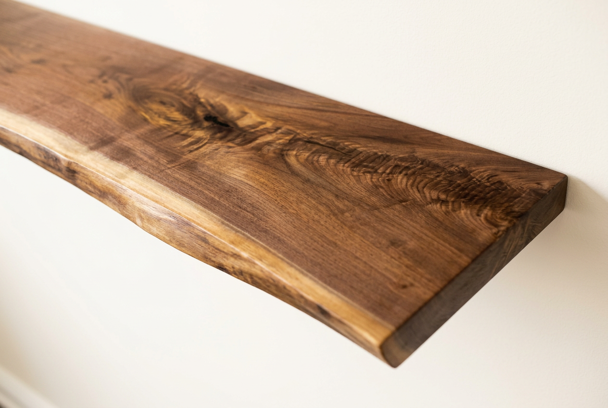 Wall-mounted shelf close-up emphasizing the figured walnut grain