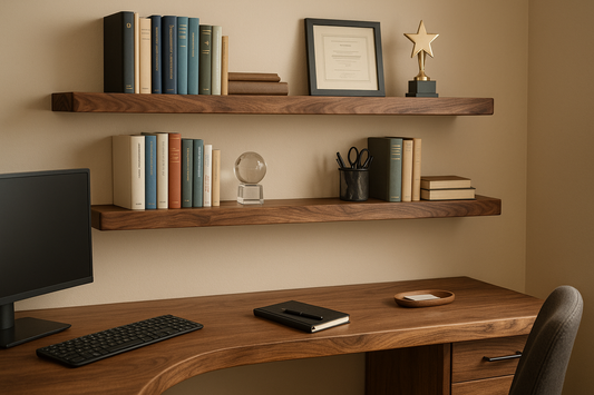 Walnut live edge floating shelves in home office