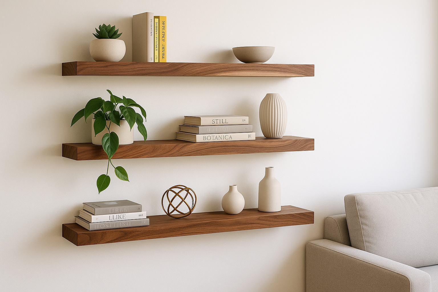 Walnut live edge floating shelves mounted in living room